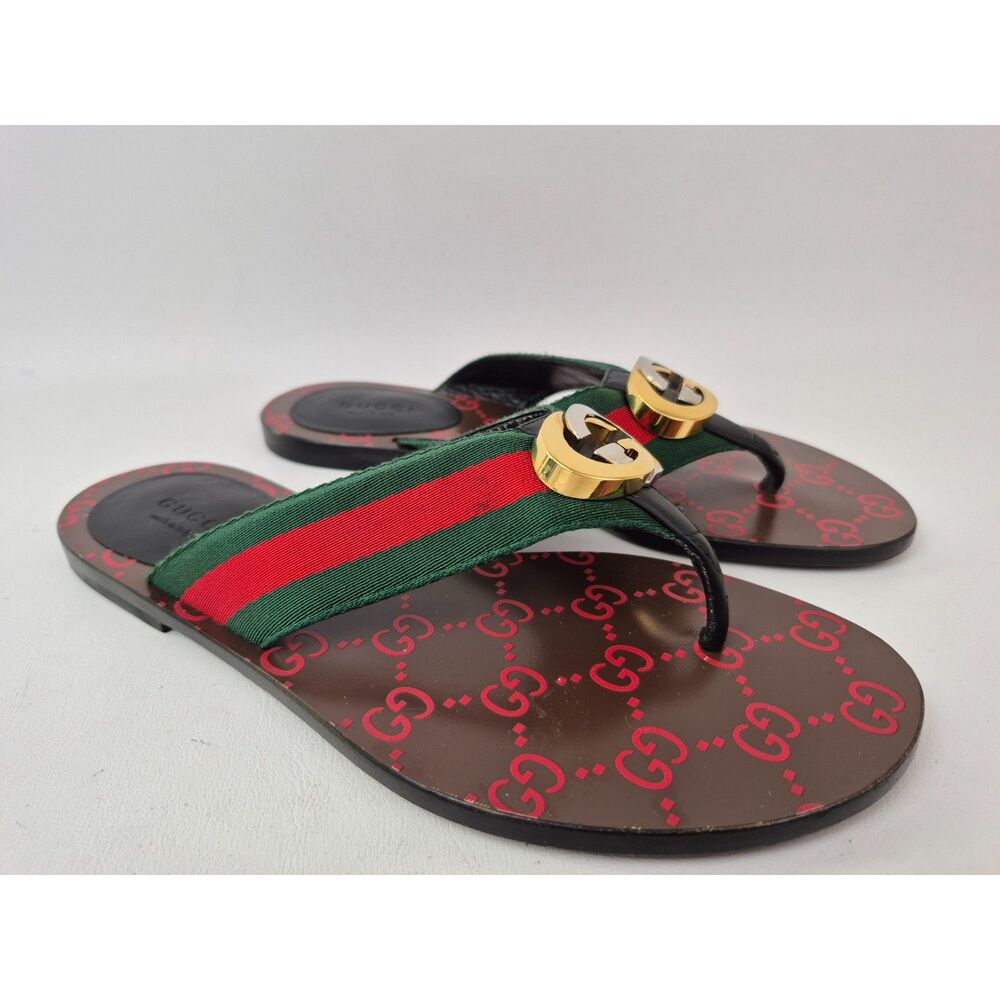 Gucci Women's Kika GG Canvas Web Flip Flop Thong Sandal Green/Red Size 36.5